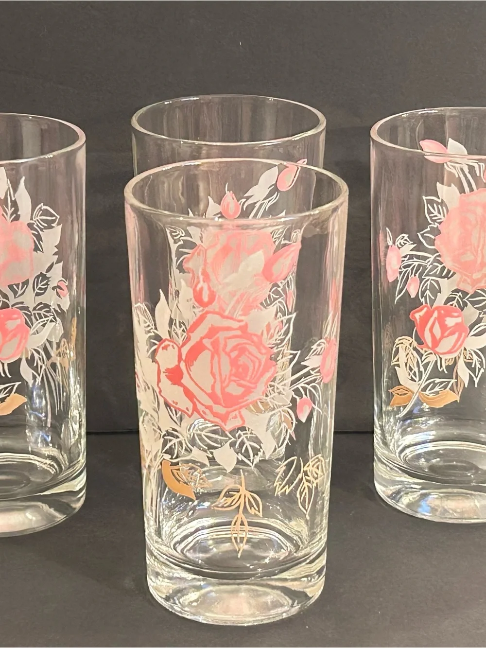 Vintage Mid Century Pink Rose Highball Drinking Glasses - Set of 4